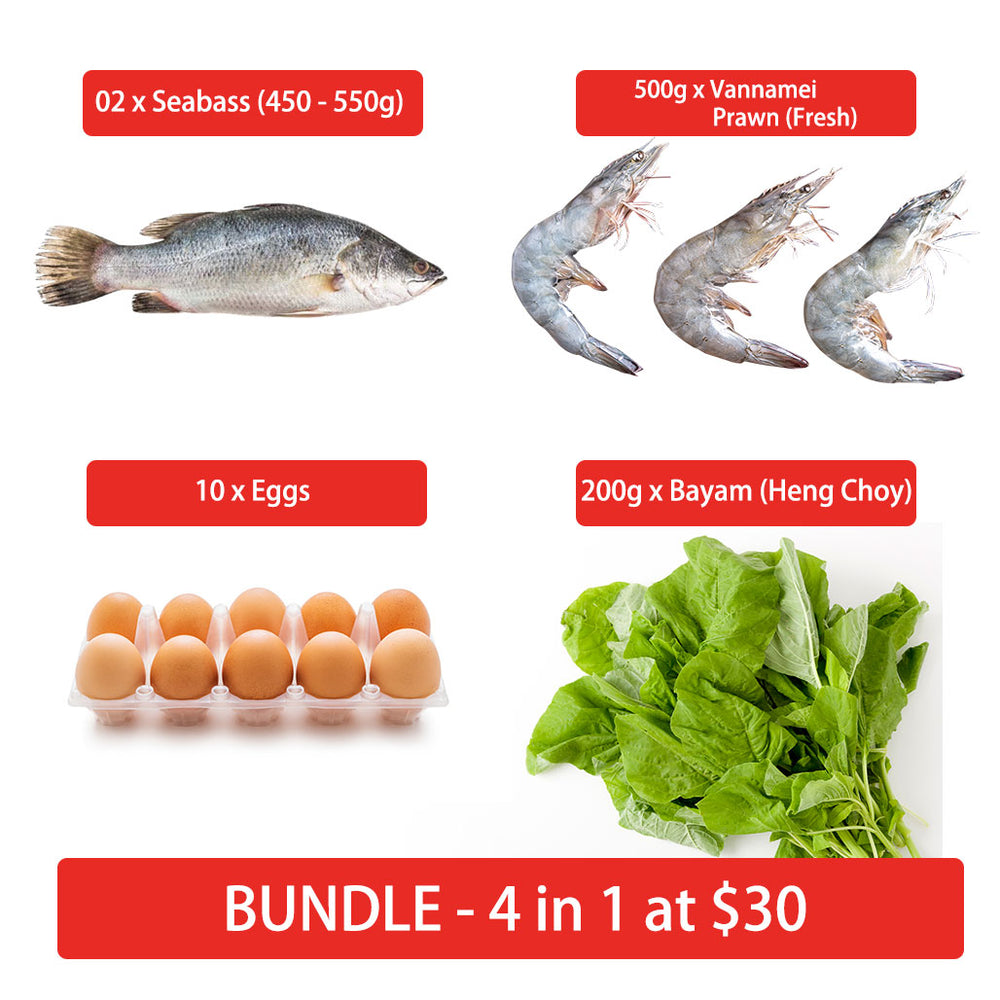 Bundle C (4 in 1) - 02 x Seabass (450g - 550g, Gutted), 01 x Vannamei Prawn Fresh (500g), 10 x Eggs, 01 x Bayam 200g
