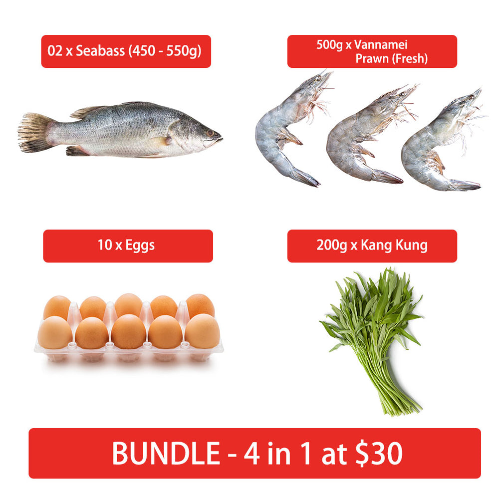 Bundle D (4 in 1) - 02 x Seabass (450g - 550g, Gutted), 01 x Vannamei Prawn Fresh (500g), 10 x Eggs, 01 x Kang Kung 200g