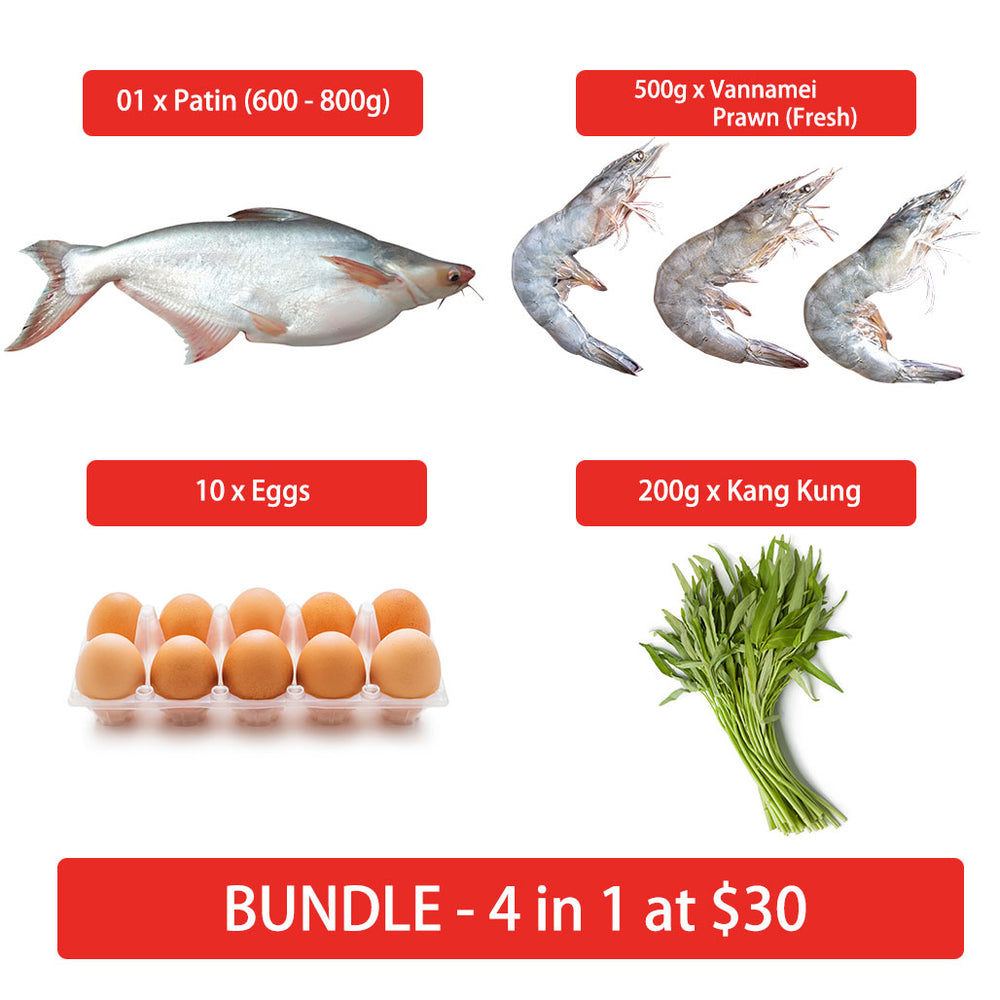 Bundle E (4 in 1) - 01 x Patin (600 - 800g, Gutted), 01 x Vannamei Prawn Fresh (500g), 10 x Eggs, 01 x Kang Kung 200g