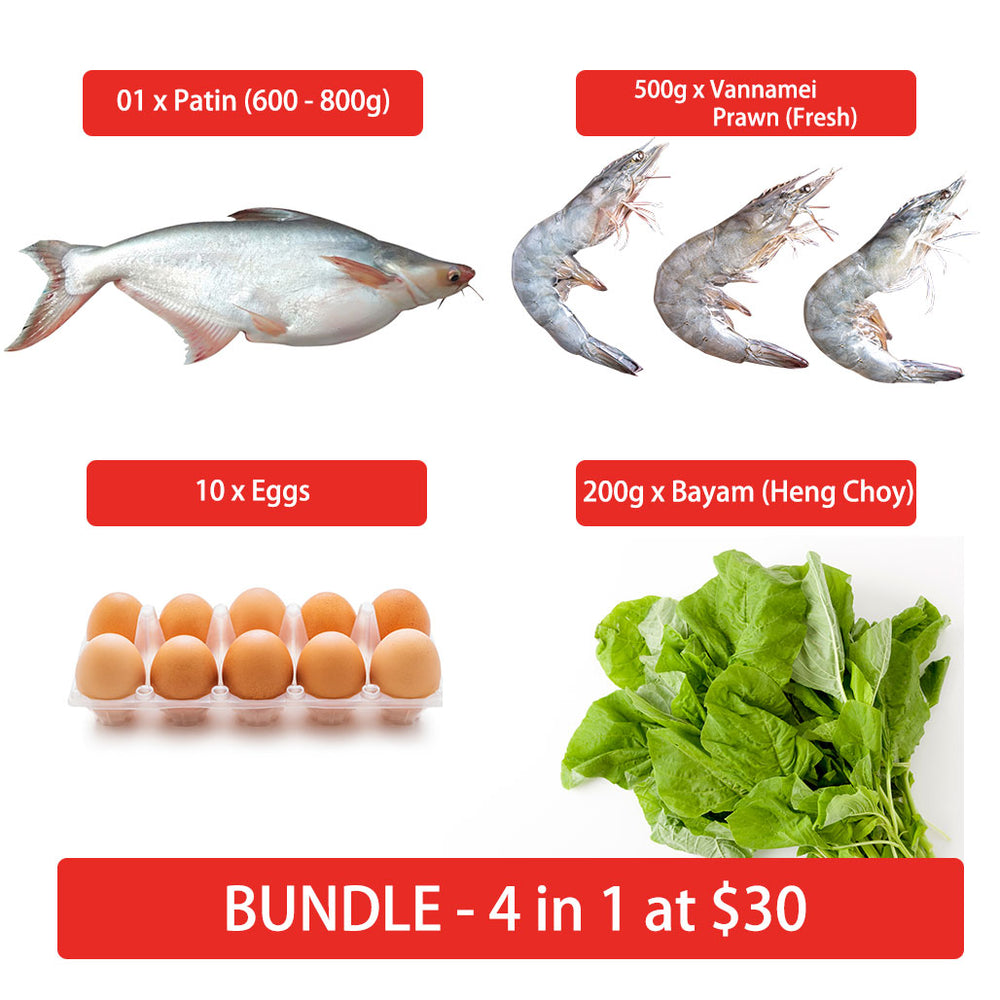 Bundle F (4 in 1) - 01 x Patin (600 - 800g, Gutted), 01 x Vannamei Prawn Fresh (500g), 10 x Eggs, 01 x Bayam 200g